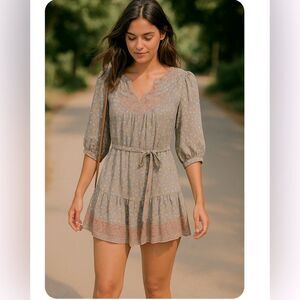 Warehouse Boho Peasant Mini‎ Dress Size 6 Pink Gray Paisley Silk 
Puff Sleeves